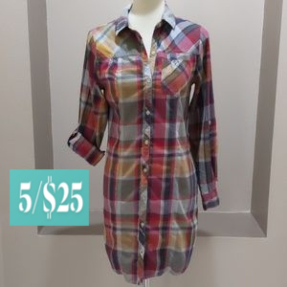 BDG Tunic Length Plaid Cotton Button Down Shirt